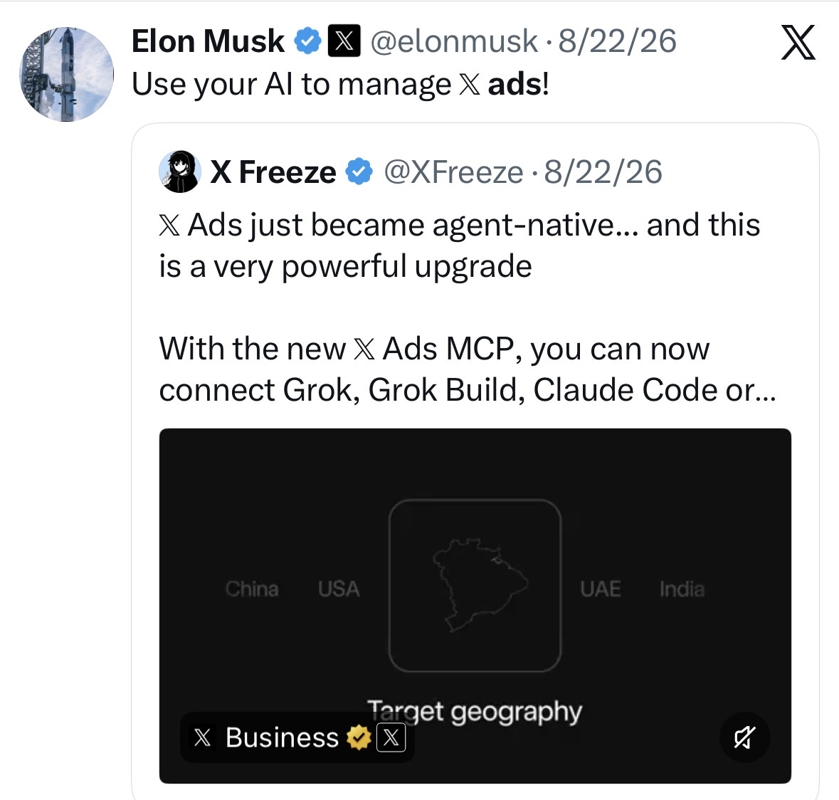 Elon Musk posting on X: Use your AI to manage X ads